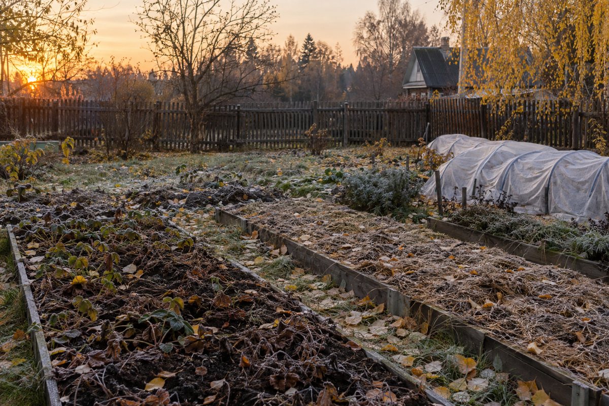 Осенний огород с укрытыми грядками и инеем на траве